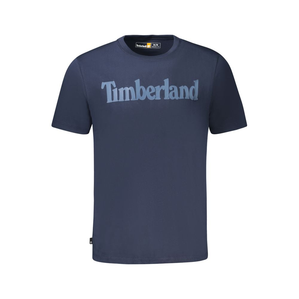 Timberland blue cotton t-shirt with wordmark logo, crew neck, and short sleeves made of 100% organic cotton.