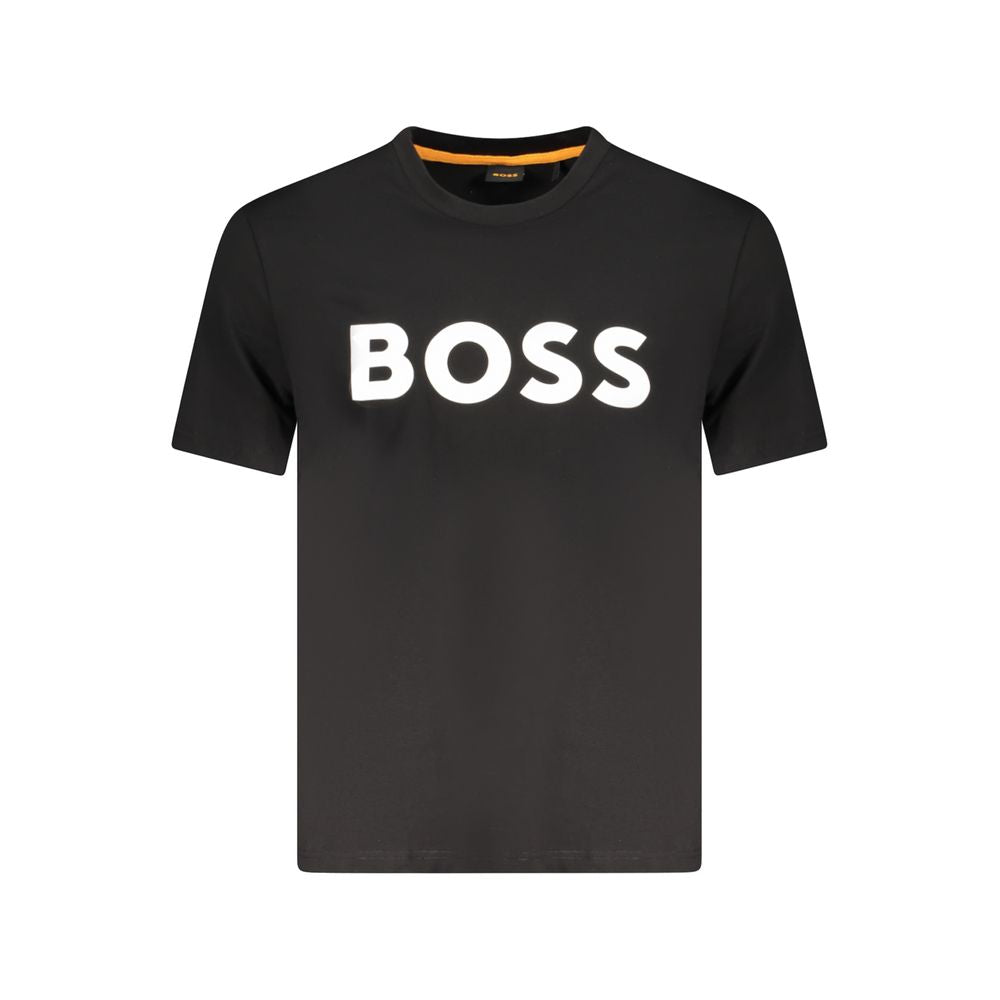 Hugo Boss black cotton men's T-shirt with bold logo, short sleeve, crew neck. Versatile and stylish in pure organic cotton.