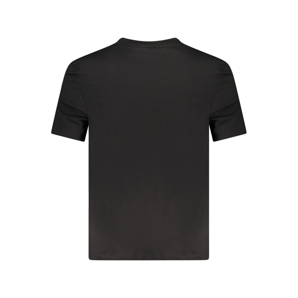 Back view of Hugo Boss black cotton men's T-shirt showcasing sleek design and crew neck style for versatile fashion appeal.