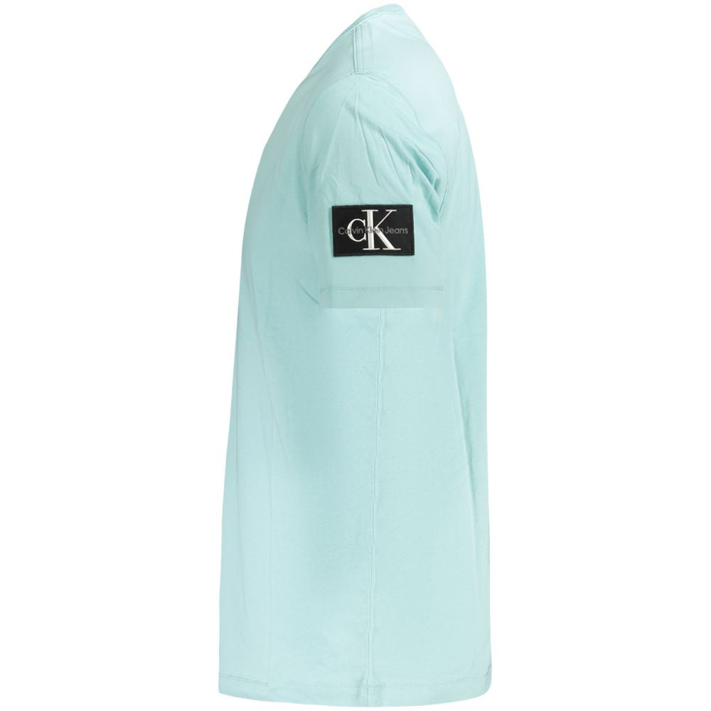 Side view of a Calvin Klein green cotton short sleeve T-shirt with crew neck and contrasting logo detail.