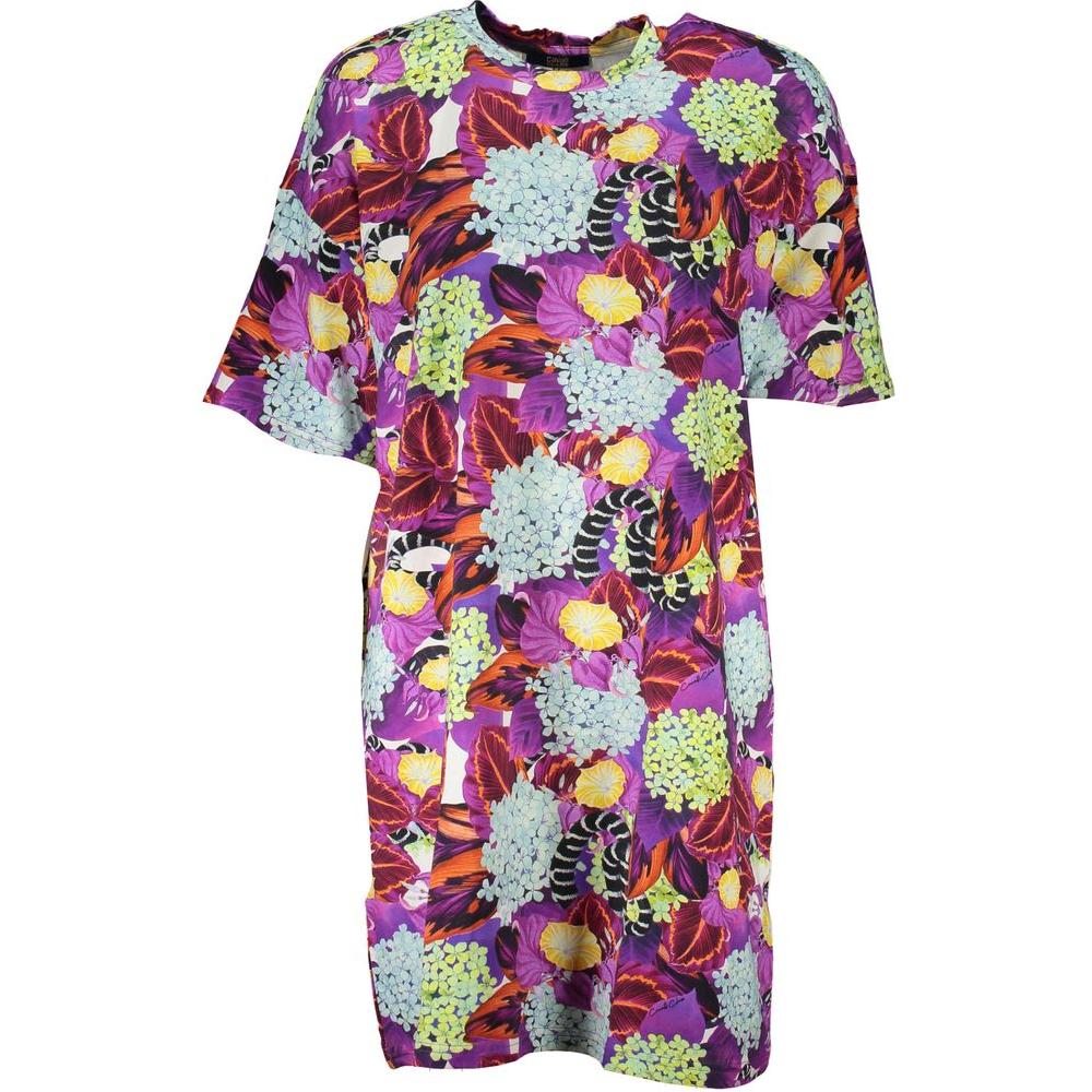 Cavalli Class purple cotton dress with floral pattern, short sleeves, and crew neck. Elegant fashion with designer logo.