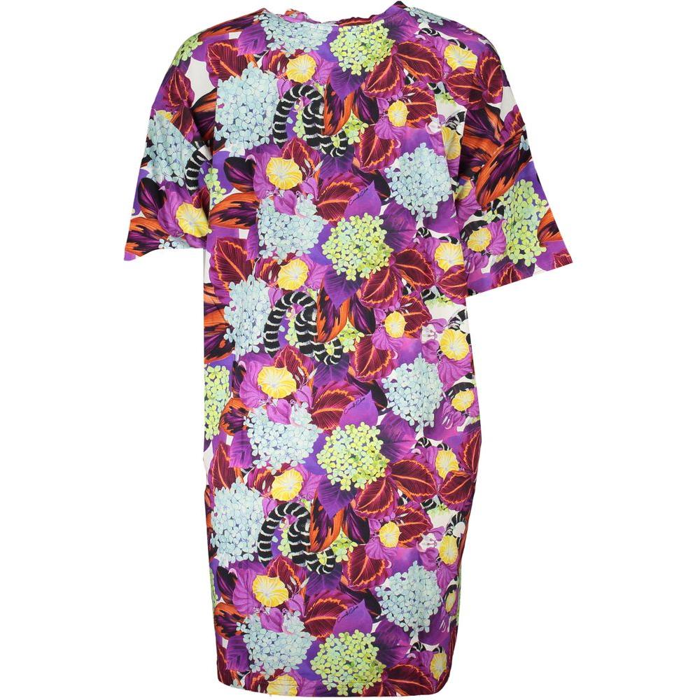 Cavalli Class Purple Cotton Dress with floral pattern, short sleeves, crew neck, and logo. Perfect for stylish occasions.