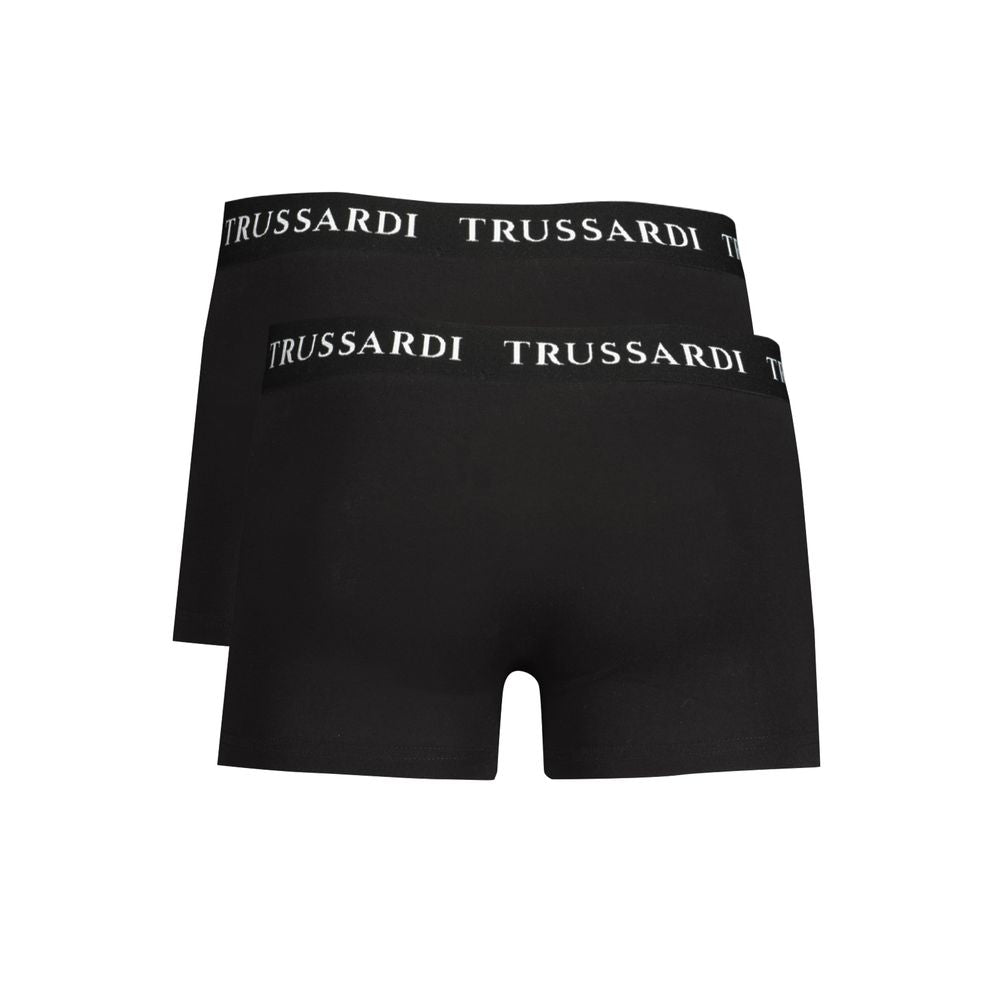 Trussardi black cotton boxer underwear with branded elastic waistband, featuring a bi-pack and logo design.