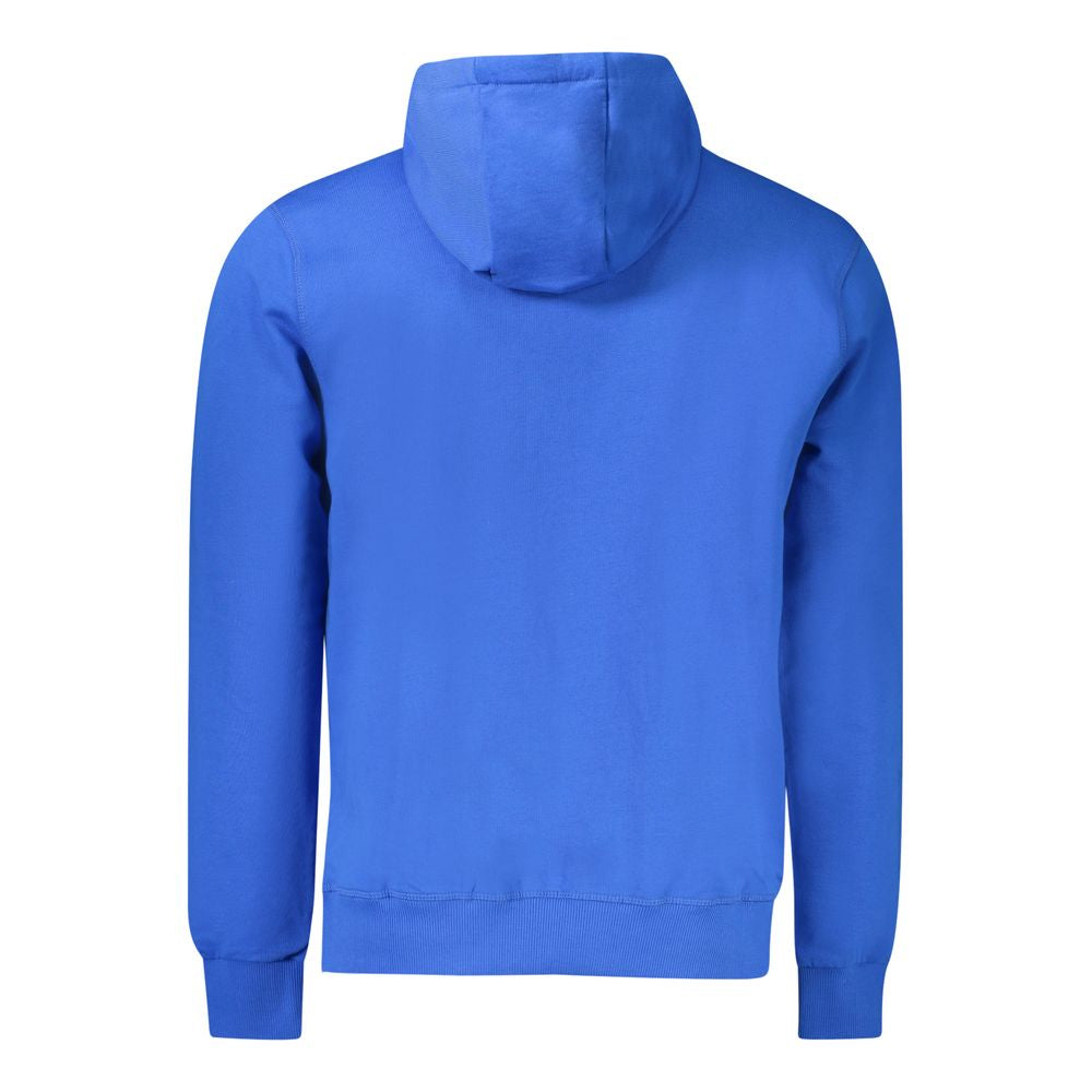 Back view of North Sails Blue Cotton Men Sweater with a hood, showcasing cozy long sleeves and brushed texture for comfort and style.