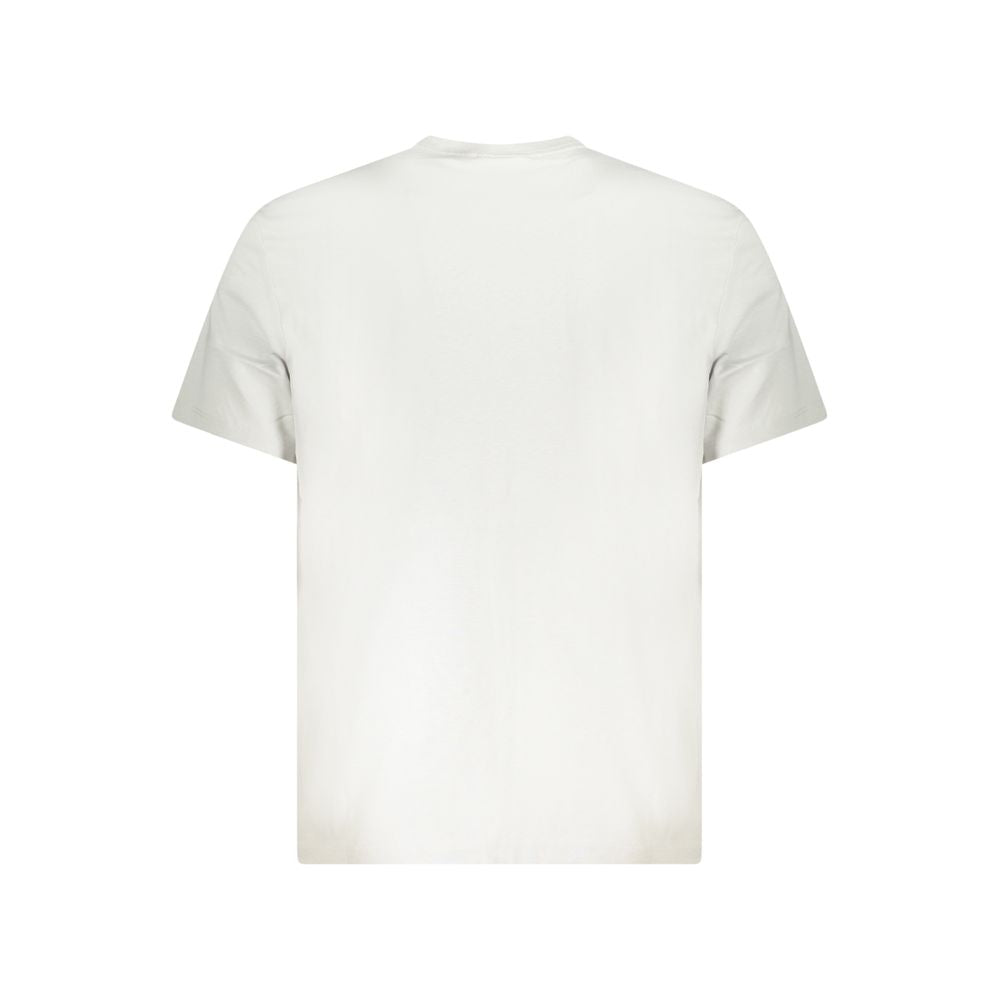 Back view of a plain white T-shirt on a white background, showcasing simplicity and classic design.