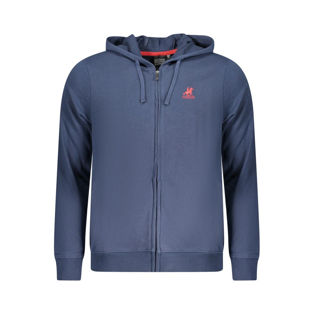 U.S. Grand Polo blue cotton hooded sweatshirt with embroidery, features long sleeves, full zip, and two pockets.