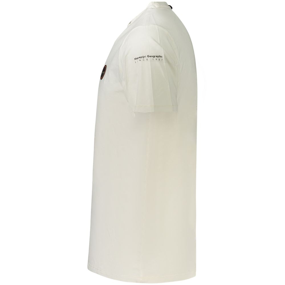 Side view of Napapijri white cotton men's T-shirt with logo on sleeve, emphasizing organic material and classic design.