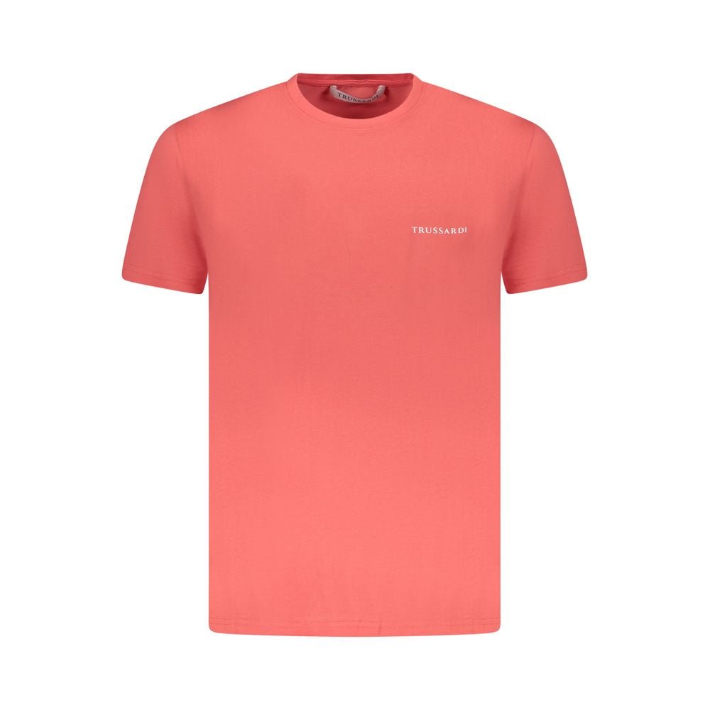 Trussardi pink cotton men's t-shirt with crew neck and logo, showcasing modern luxury and bold sophistication.