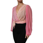 Dolce & Gabbana Pink Plunging V-neck Long Sleeves Blouse Top TSH87591-40