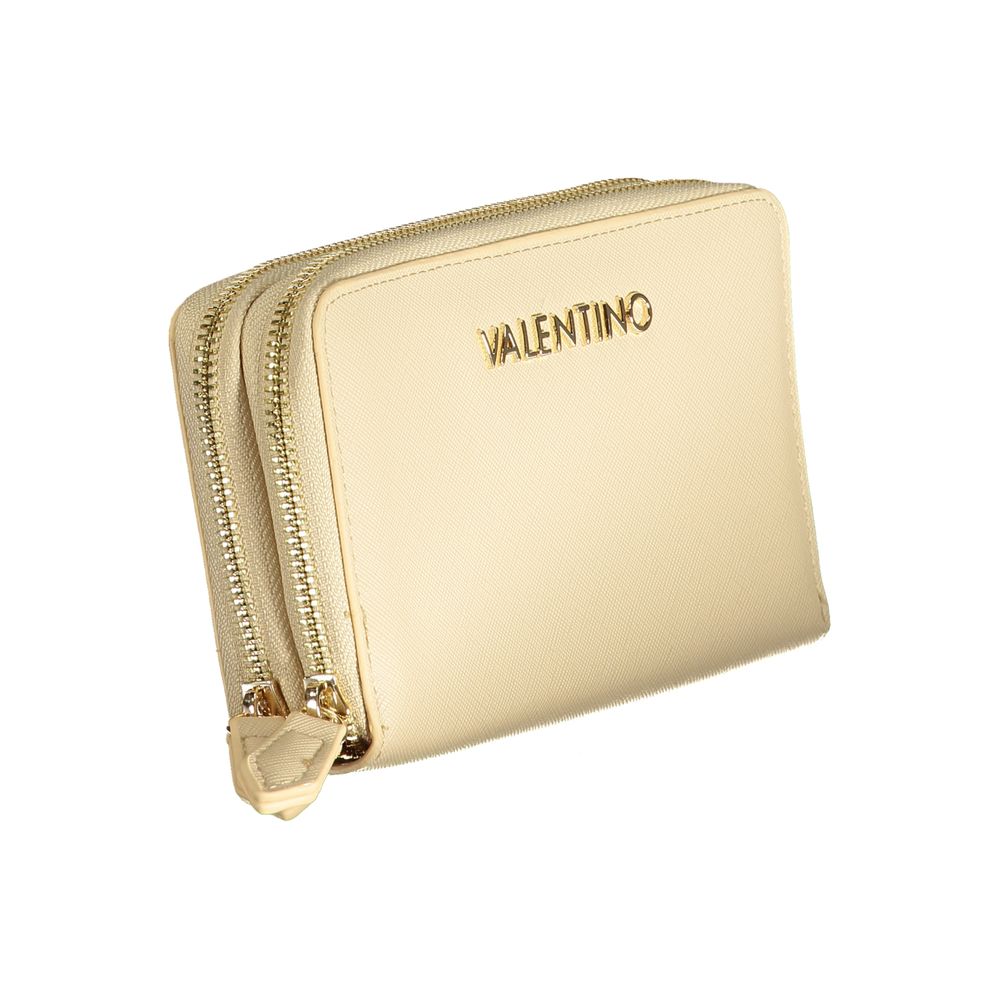 Mario Valentino Beige Polyethylene Wallet with double compartments, coin purse, card spaces, zip closure, and logo.