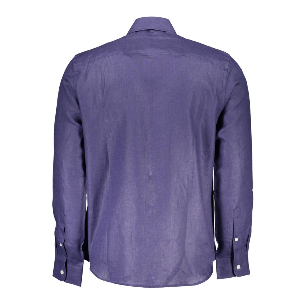 Back view of North Sails Blue Linen Men Shirt showcasing long sleeves and Italian collar.
