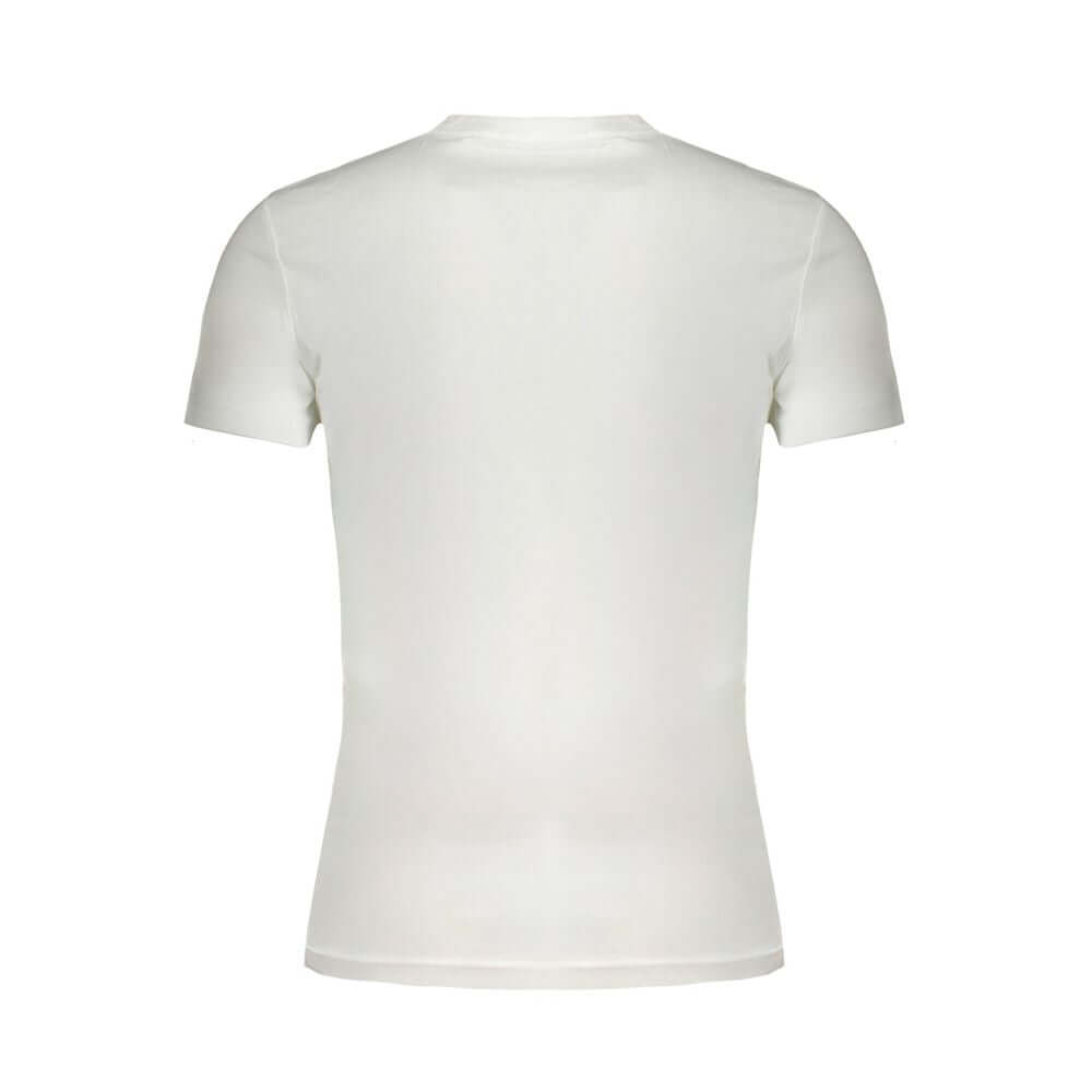 Back view of Calvin Klein White Cotton T-Shirt, short sleeves, crew neck, logo print, made with 95% regenerative cotton.