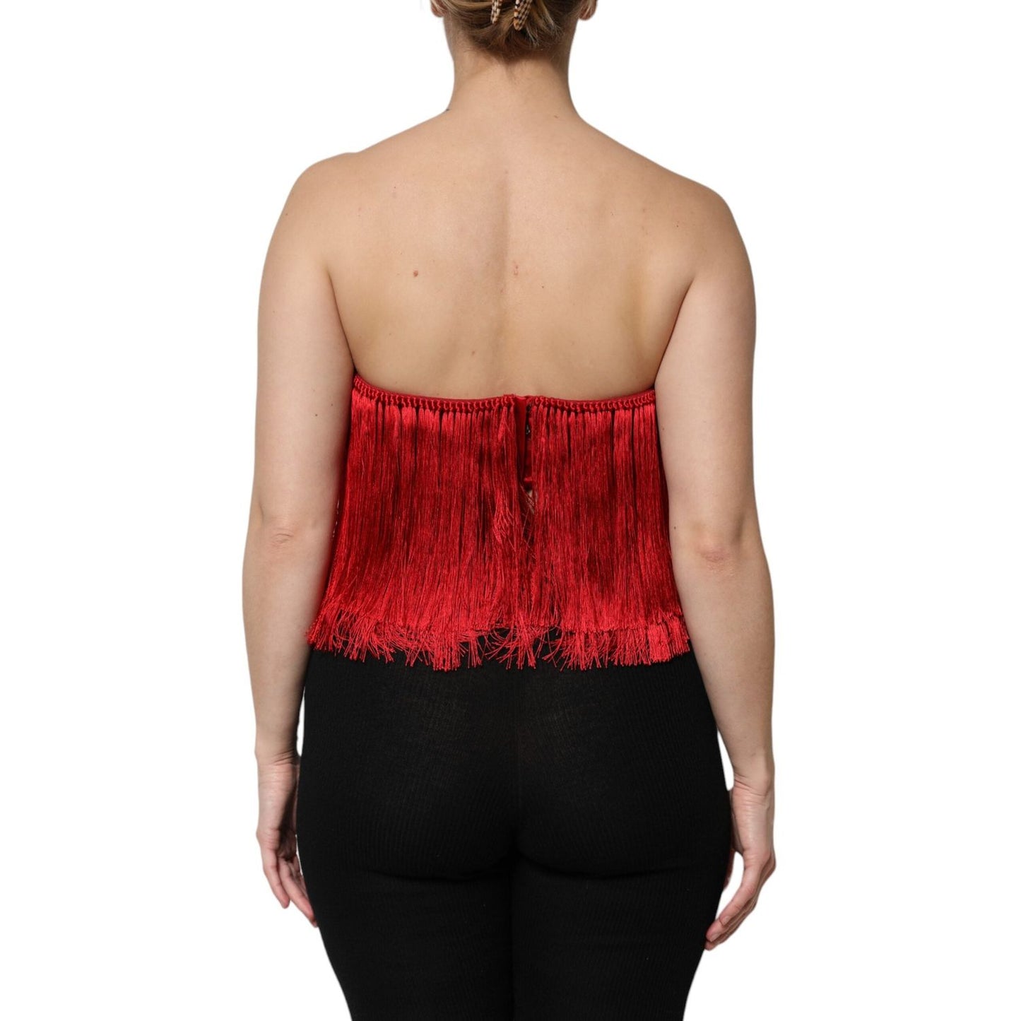 Dolce & Gabbana Red Silk Strapless Fringe Crop Tube Top TSH906741-36