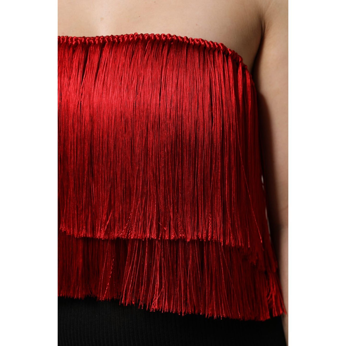 Dolce & Gabbana Red Silk Strapless Fringe Crop Tube Top TSH906741-36
