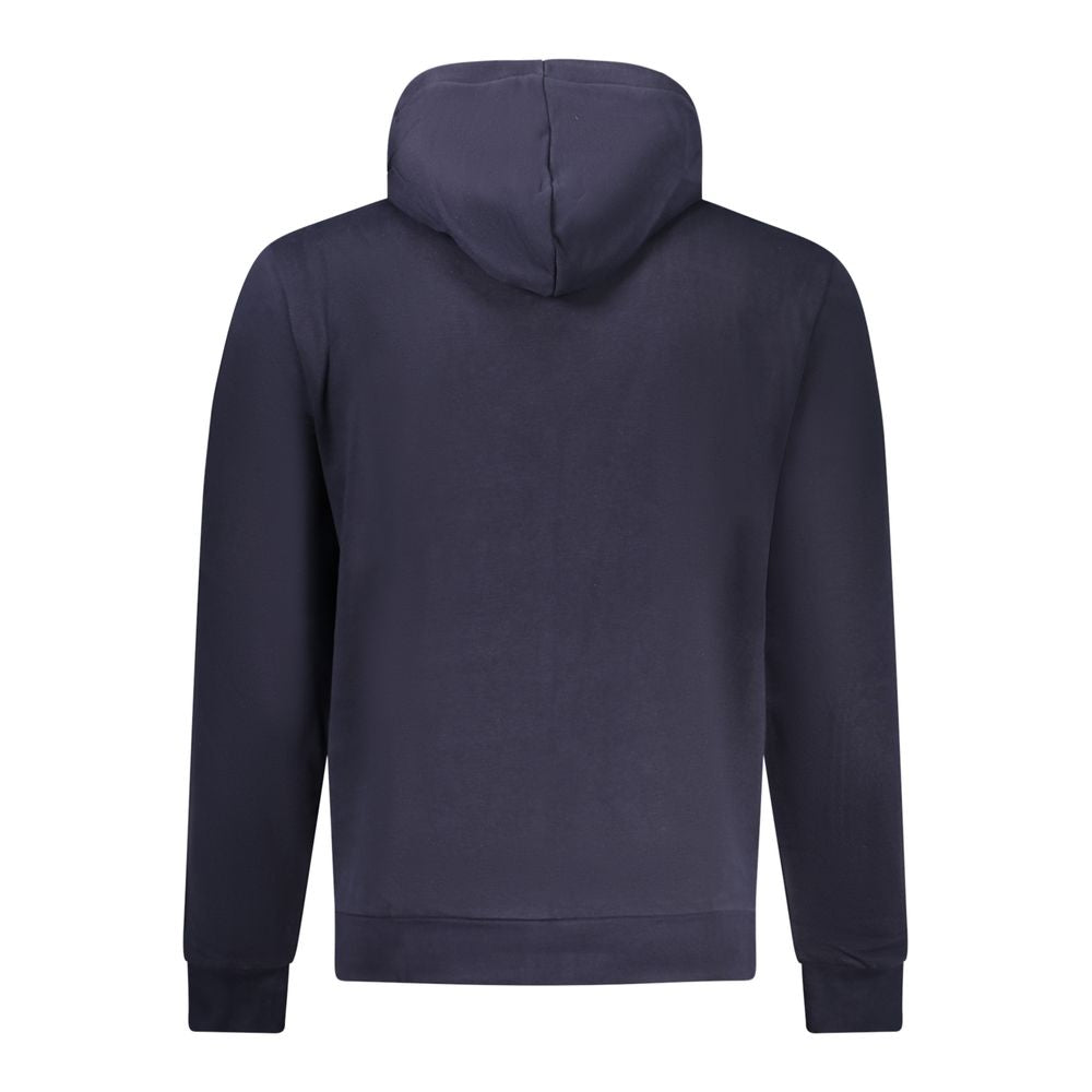 Back view of Napapijri Blue Cotton Sweatshirt with hood and central pocket, featuring contrasting details and logo print.