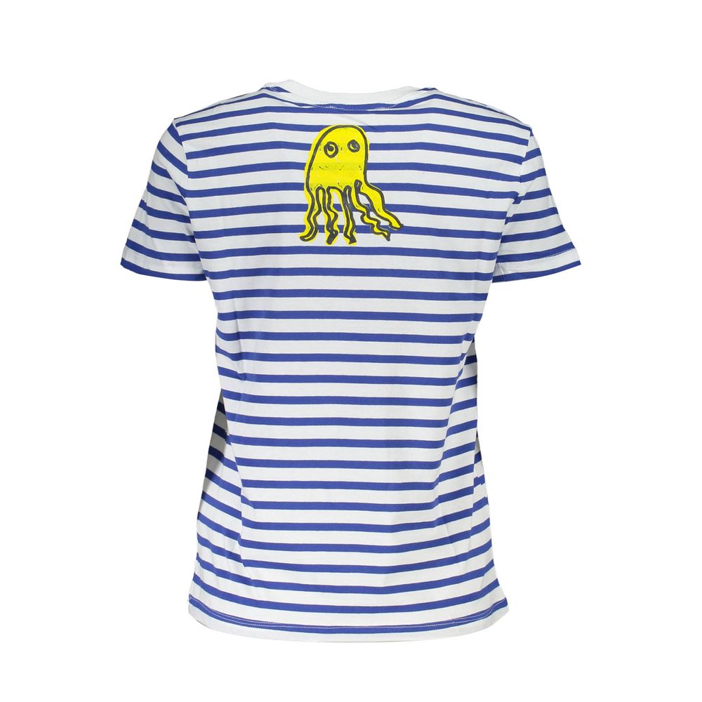 Desigual Blue Cotton Women T-Shirt with striped design featuring a yellow jellyfish graphic on the back