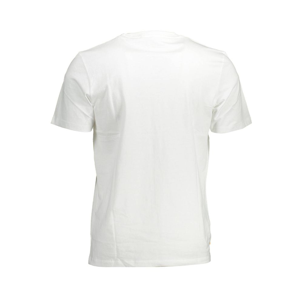 Back view of Timberland White Cotton Men T-Shirt, short sleeve crew neck in organic cotton for eco-friendly fashion