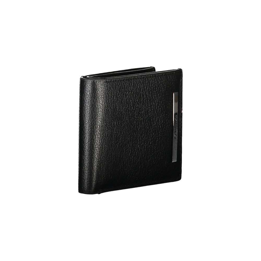 Calvin Klein Black Leather Wallet with two compartments, coin purse, card spaces, RFID block, and logo detail.