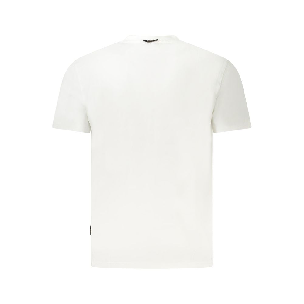 Back view of Napapijri White Cotton Men T-Shirt highlighting pure organic cotton fabric and minimalist style.