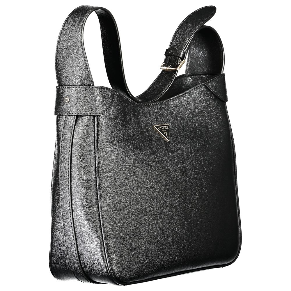 Guess Jeans Black Polyethylene Handbag featuring adjustable shoulder handle, internal pocket, document spaces, and snap closure.