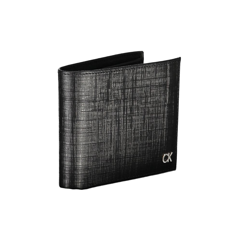 Calvin Klein Black Leather Wallet with RFID blocking, coin purse, card slots, contrast details, and logo.