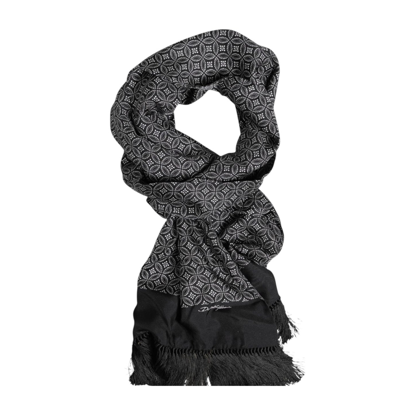 Dolce & Gabbana Black Patterned Fringes Men Foulard Scarf MS7556