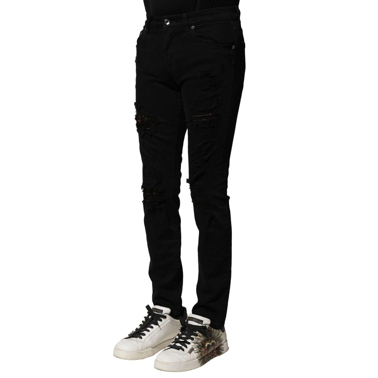 Dolce & Gabbana Black Cotton Logo Plaque Slim Denim Jeans PAN74990-44