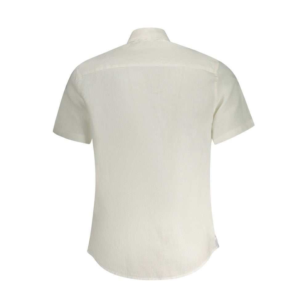 Back view of North Sails White Linen Shirt with short sleeves and Italian collar, featuring buttons and logo embroidery.