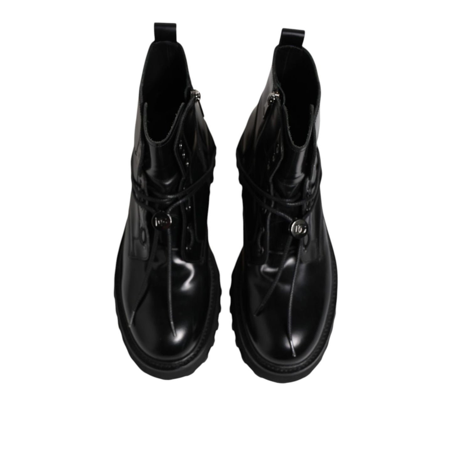 Dolce & Gabbana Black Leather Logo Ankle Boots Lace Up Shoes