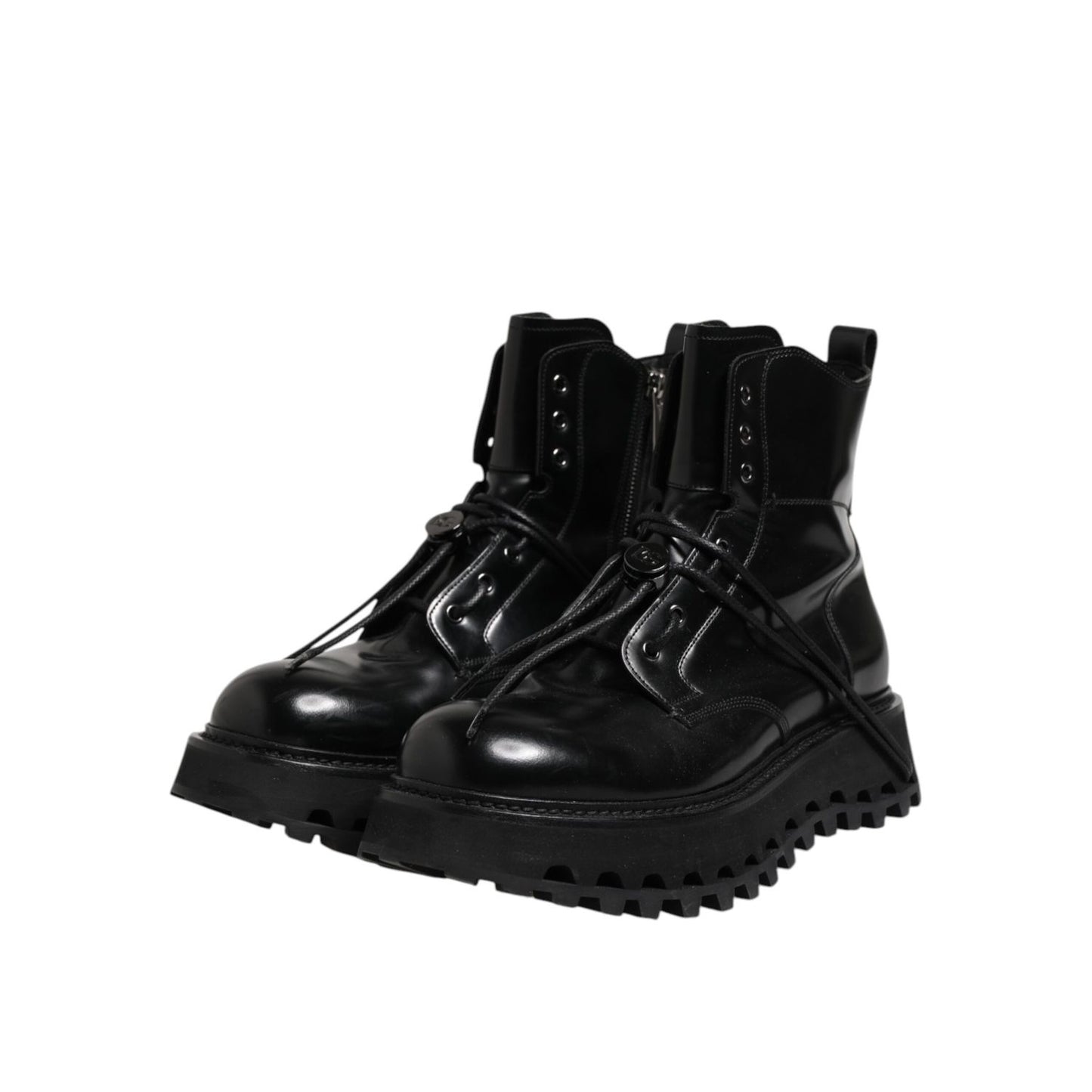 Dolce & Gabbana Black Leather Logo Ankle Boots Lace Up Shoes