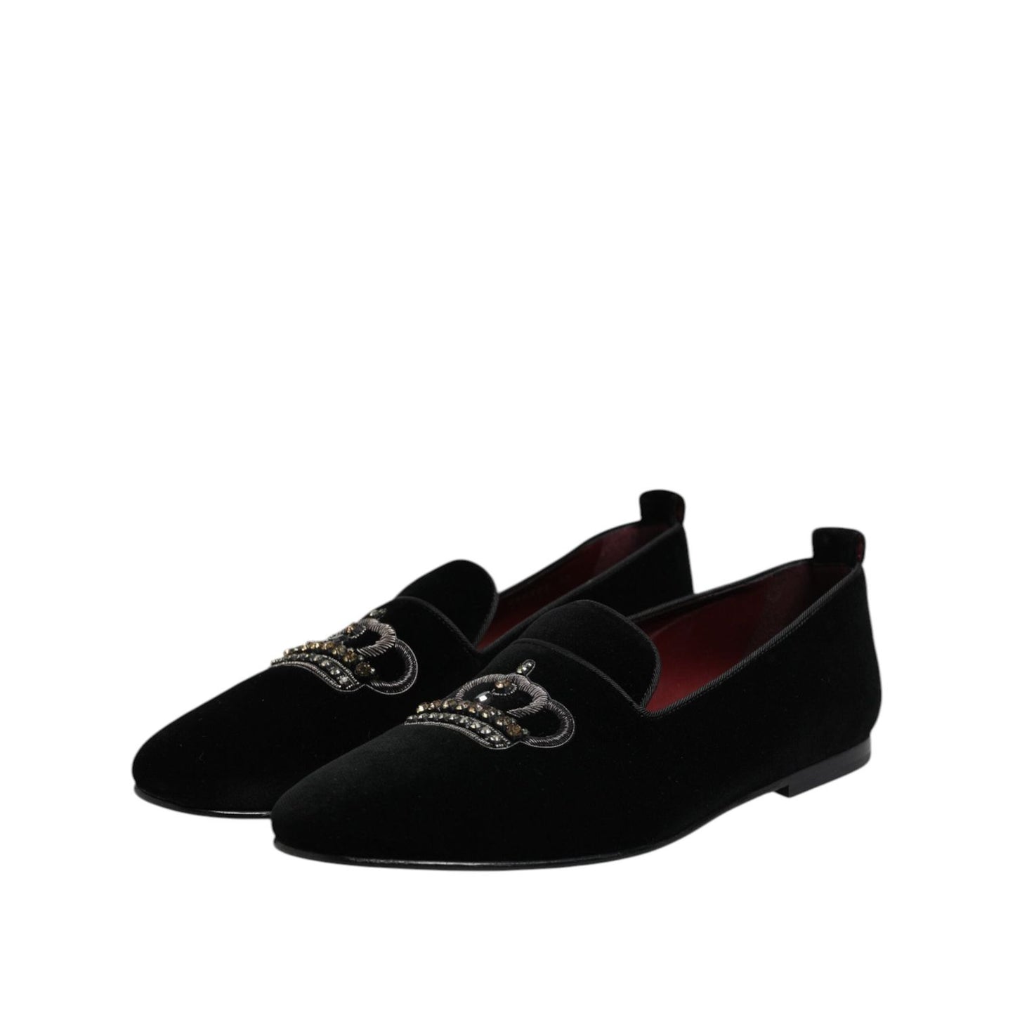 Dolce & Gabbana Black Velvet Crystal Crown Loafers Dress Shoes