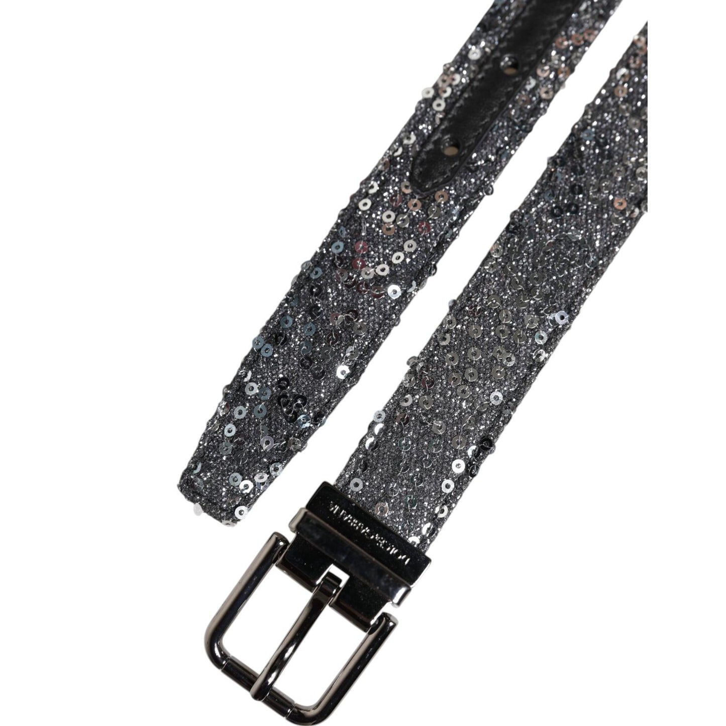 Dolce & Gabbana Black Sequins Silver Metal Logo Buckle Belt BEL9400-90
