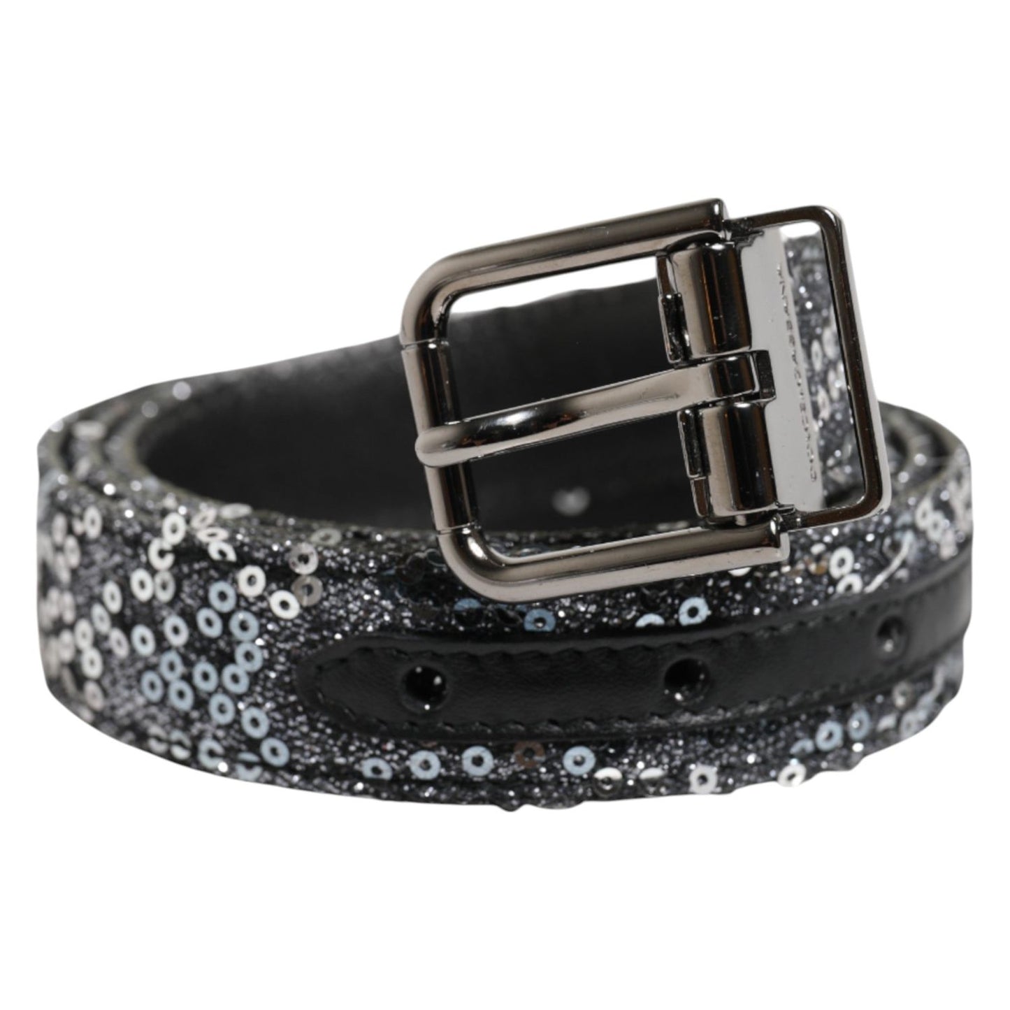 Dolce & Gabbana Black Sequins Silver Metal Logo Buckle Belt BEL9400-90