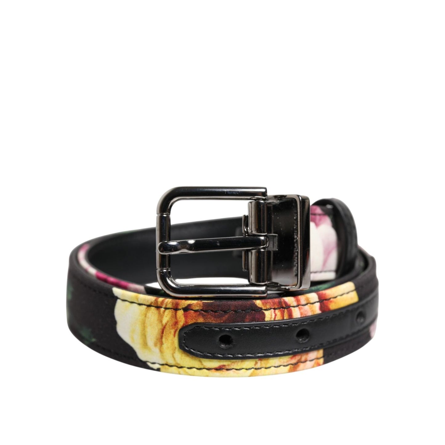 Dolce & Gabbana Black Floral Brocade Silver Metal Buckle Belt WMB538-70