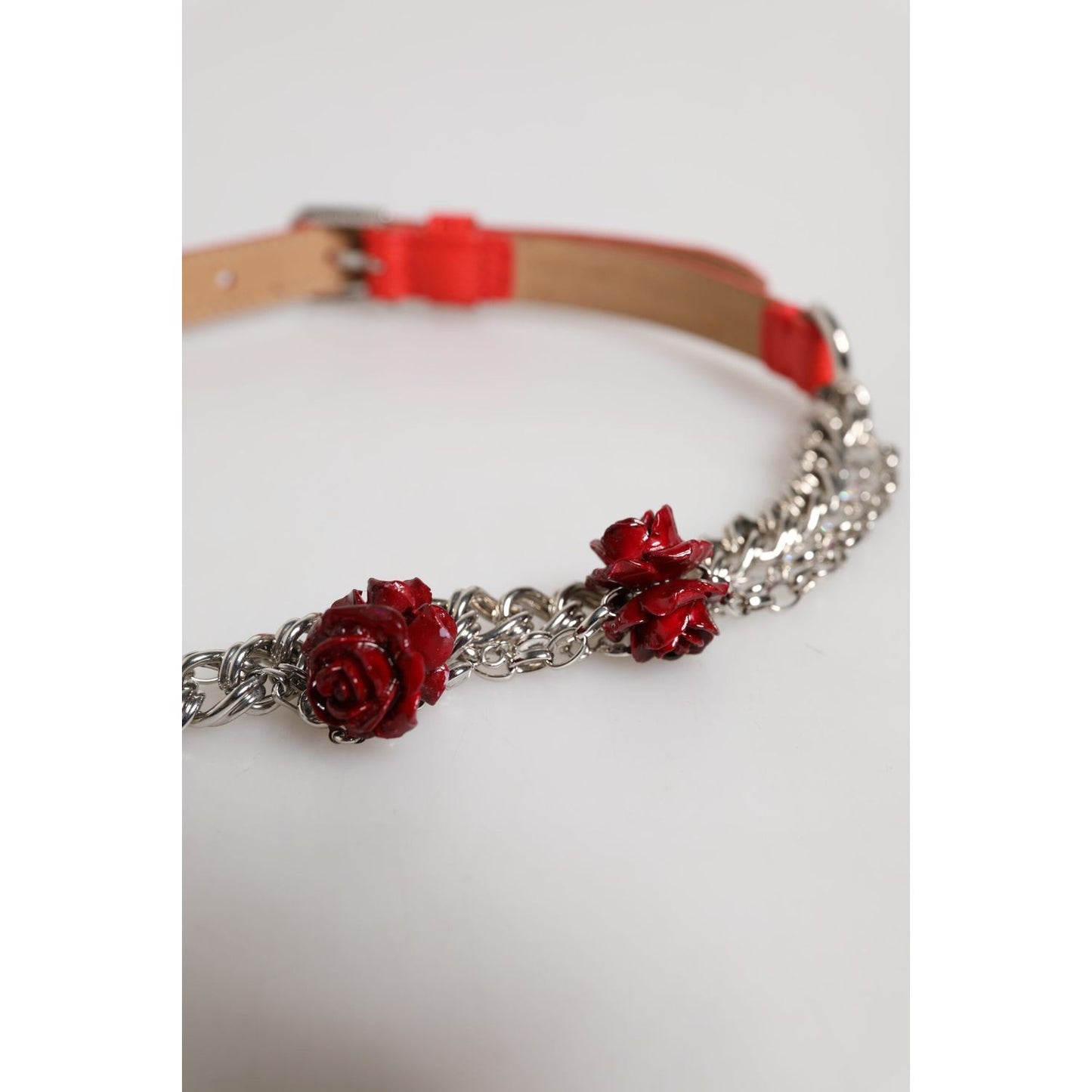 Dolce & Gabbana Red Leather Silver Chain Floral Cintura Belt WMB552-42