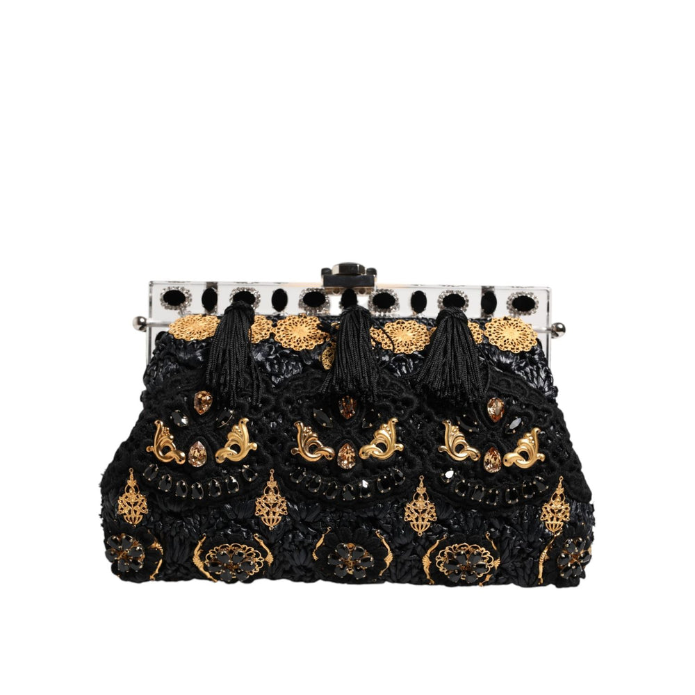 Dolce & Gabbana Black Tassel Gold Baroque Crystal Evening Clutch Bag VAS15460