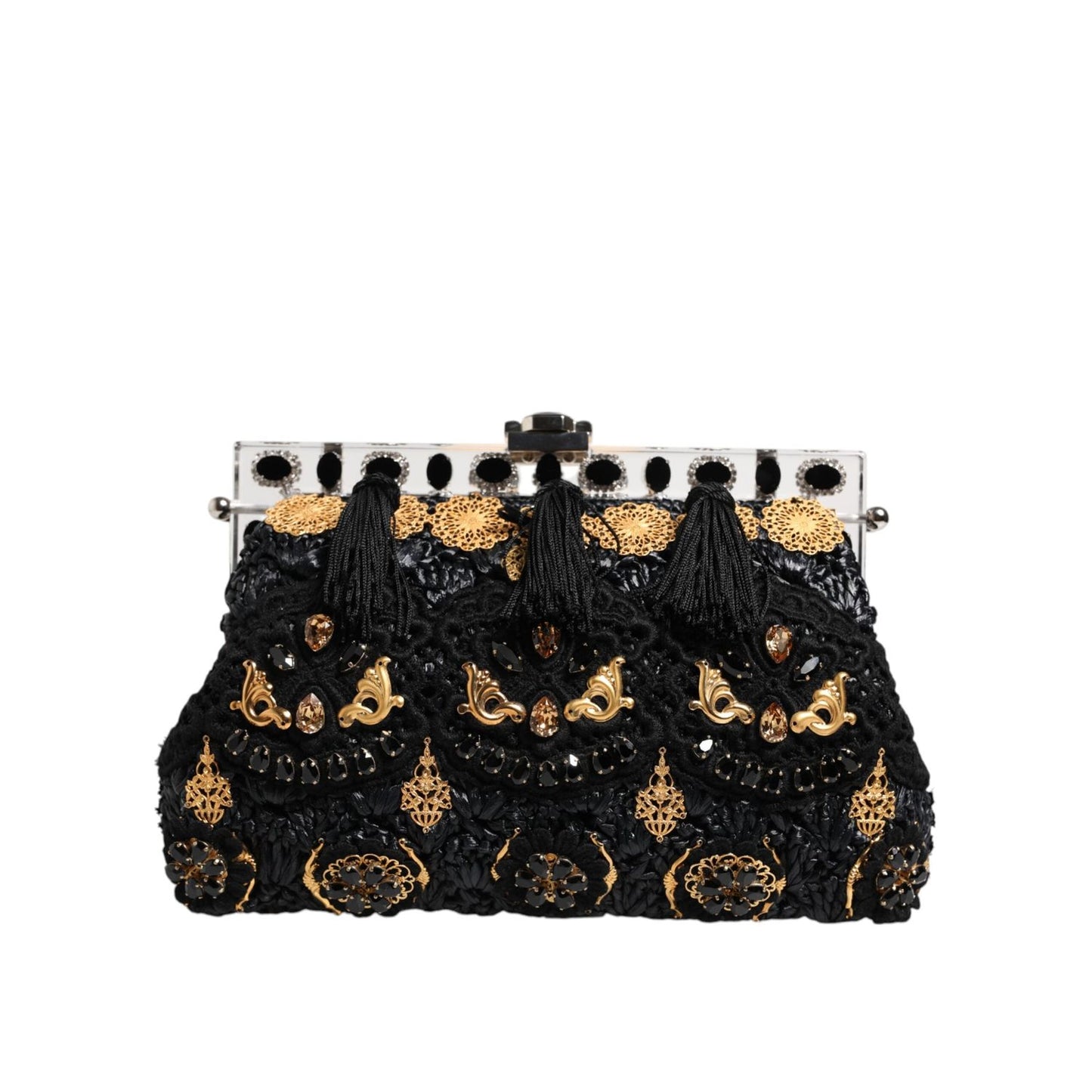 Dolce & Gabbana Black Tassel Gold Baroque Crystal Evening Clutch Bag VAS15460
