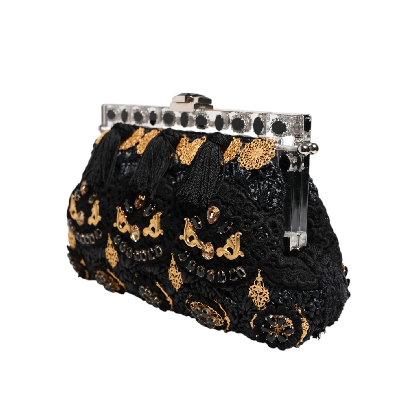 Dolce & Gabbana Black Tassel Gold Baroque Crystal Evening Clutch Bag VAS15460
