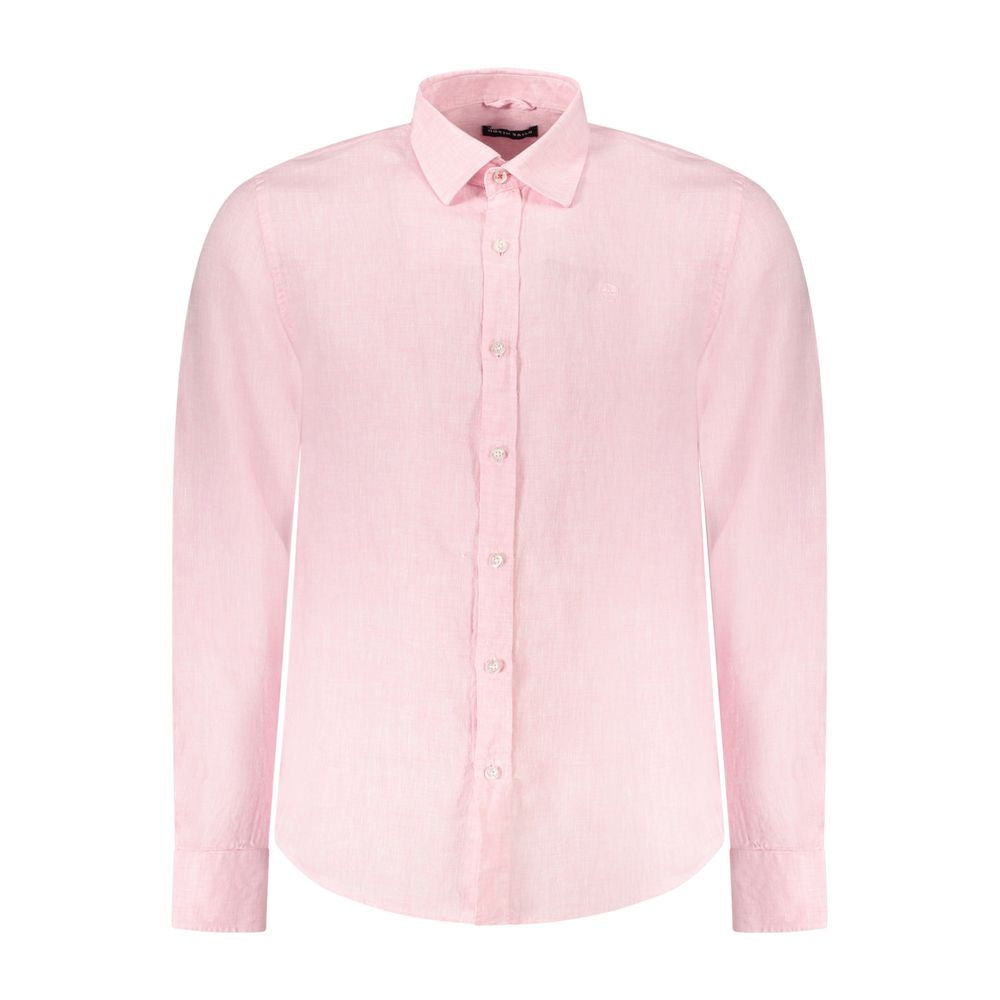 North Sails Pink Linen Shirt with long sleeves and Italian collar, featuring embroidery and logo, made with ocean positive materials.