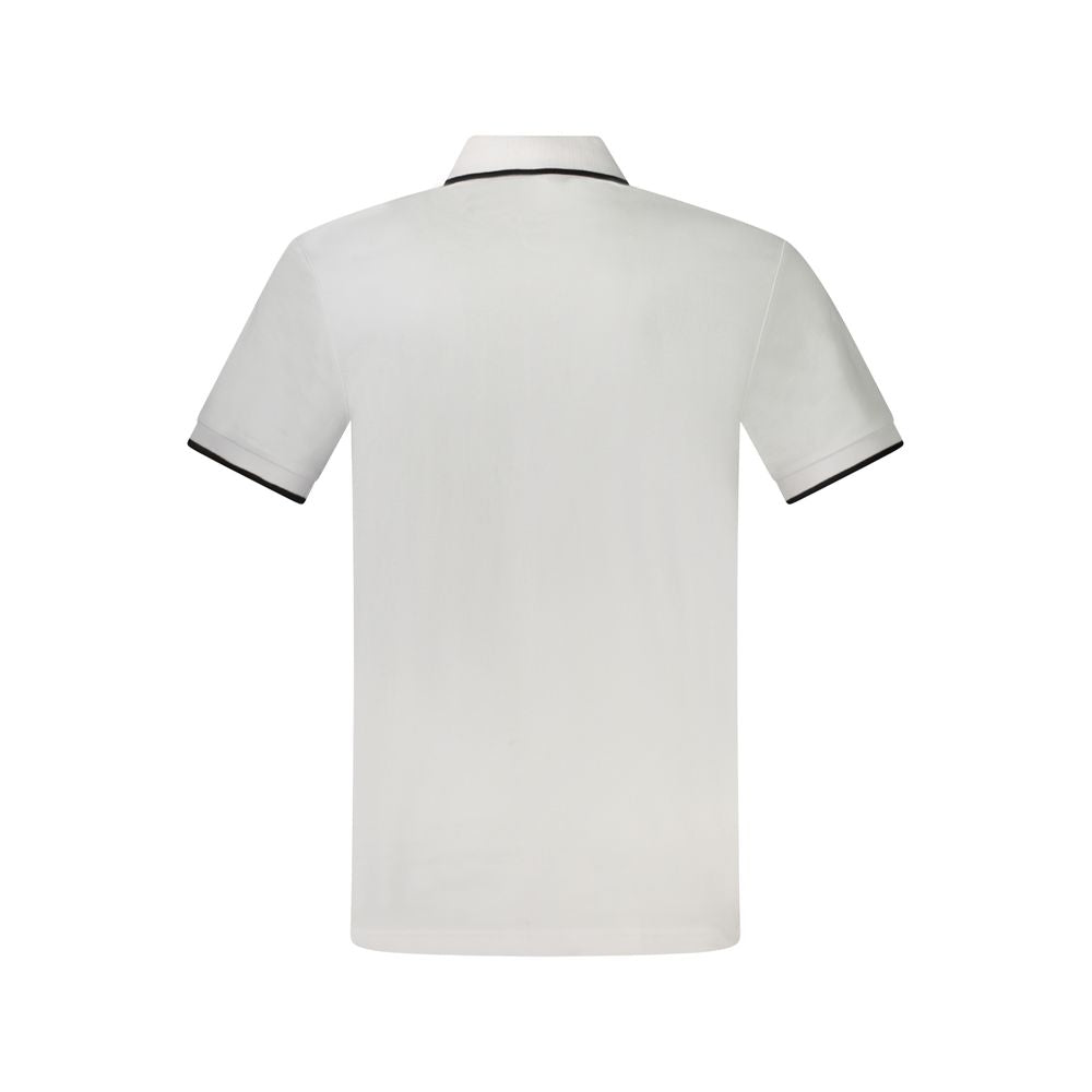 Back view of Hugo Boss White Cotton Polo Shirt, slim fit with short sleeves and contrasting embroidery details, showcasing logo.