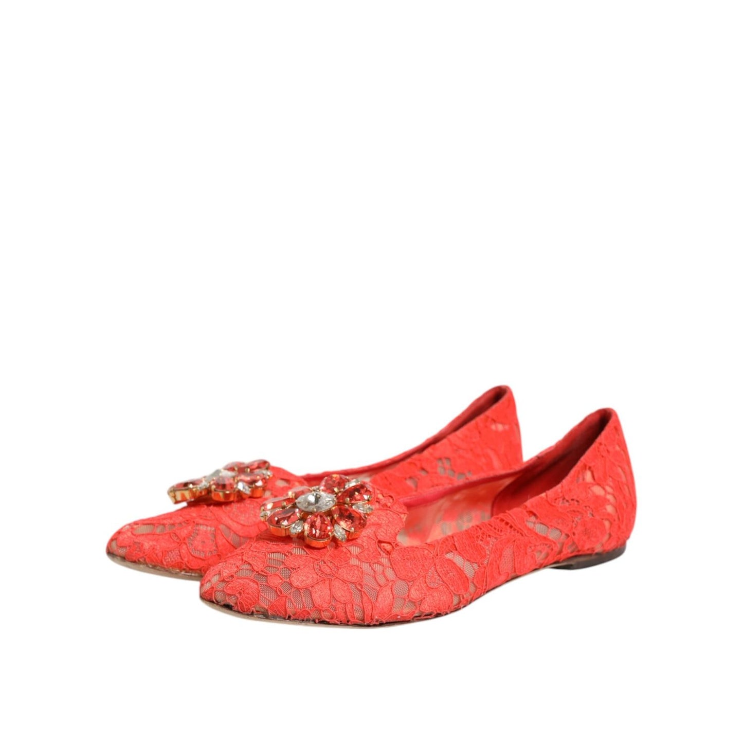 Dolce & Gabbana Orange Lace Crystal Ballet Flats Loafers Shoes