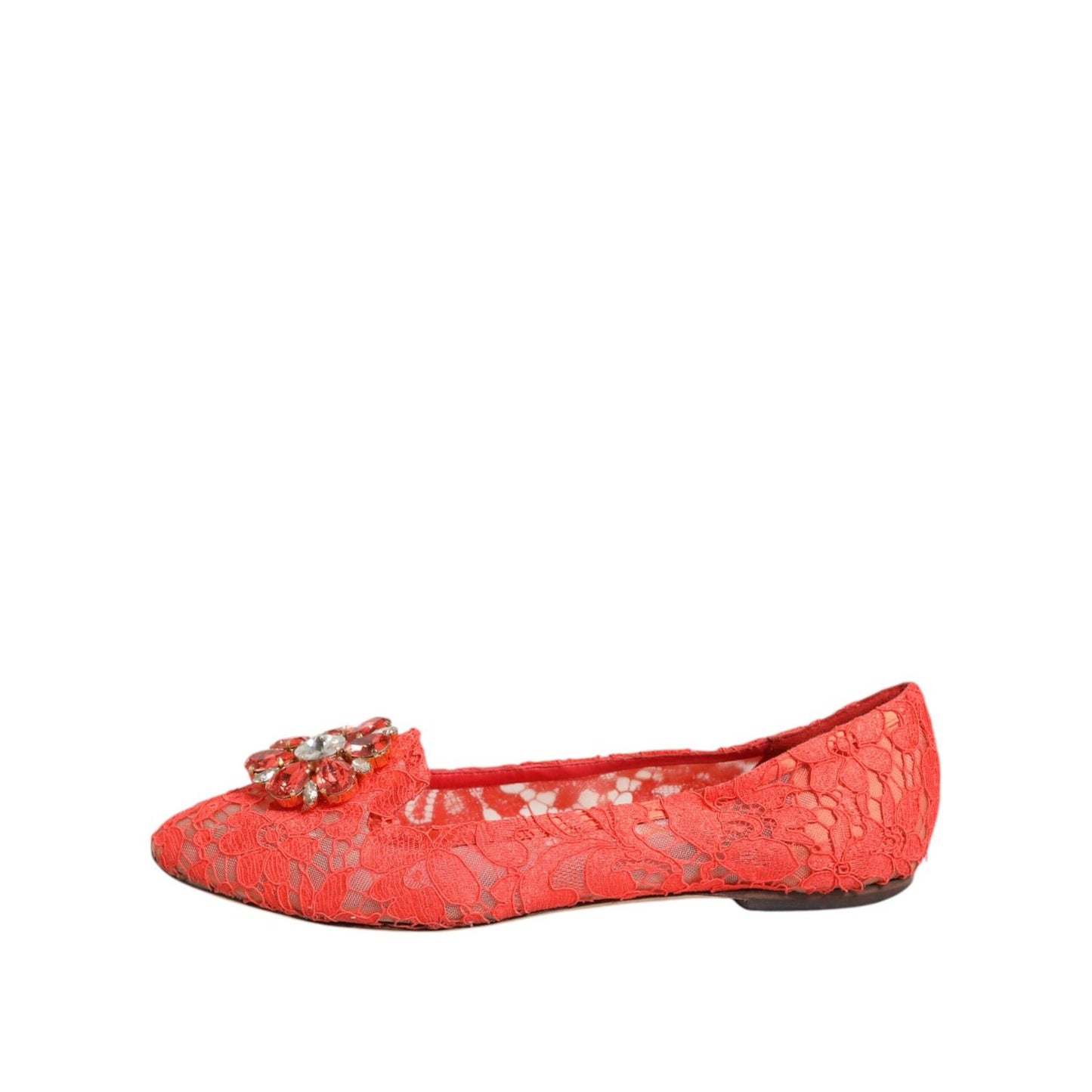 Dolce & Gabbana Orange Lace Crystal Ballet Flats Loafers Shoes