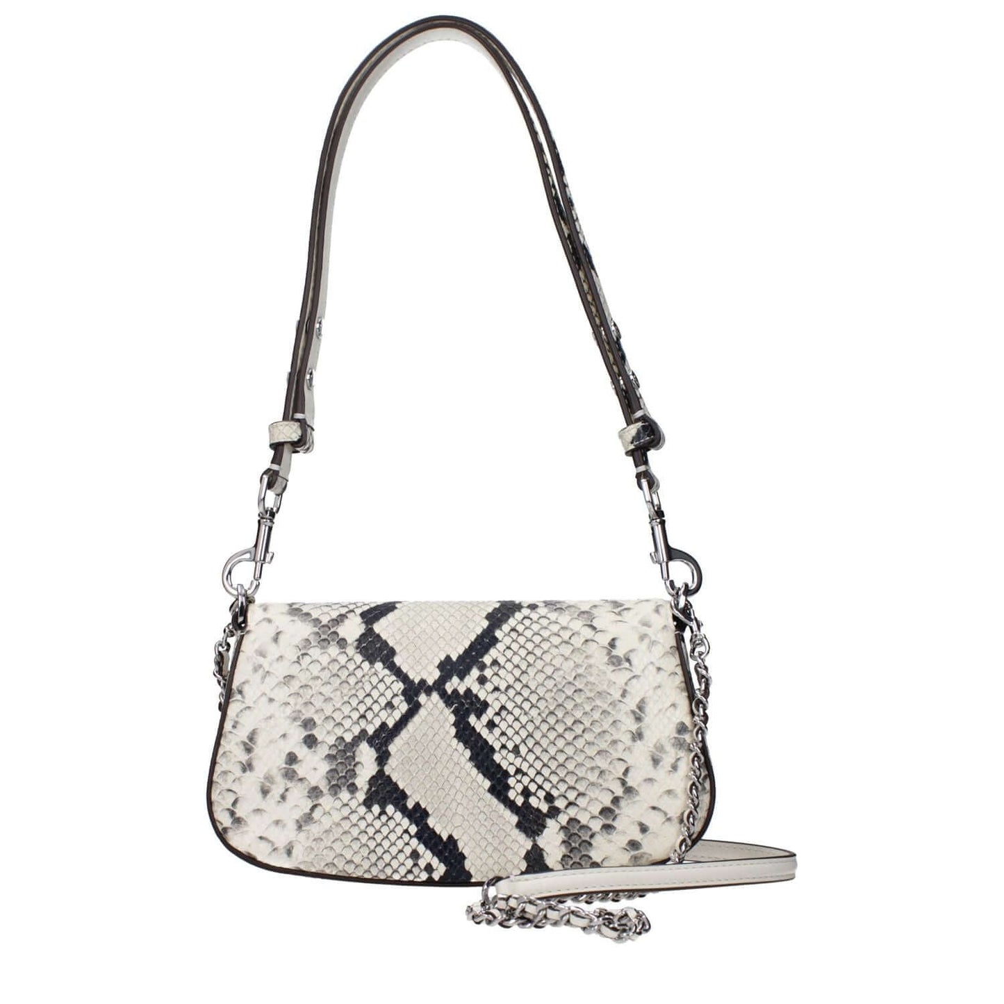 Alt Tag: Tory Burch White Leather Shoulder Bag with adjustable and removable handle, front logo, featuring a stylish snake pattern design.