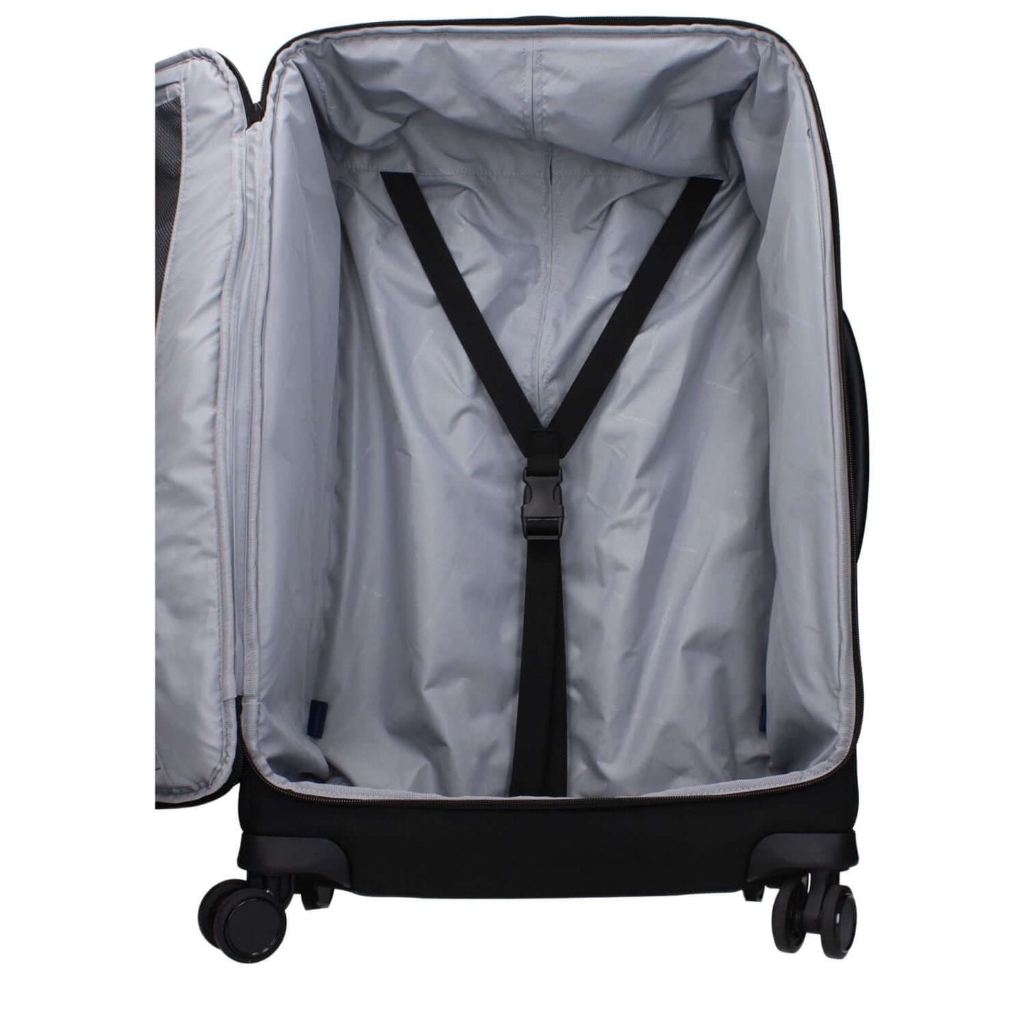 Open interior of Piquadro Black Fabric Luggage And Travel trolley showing spacious compartment and adjustable handle.