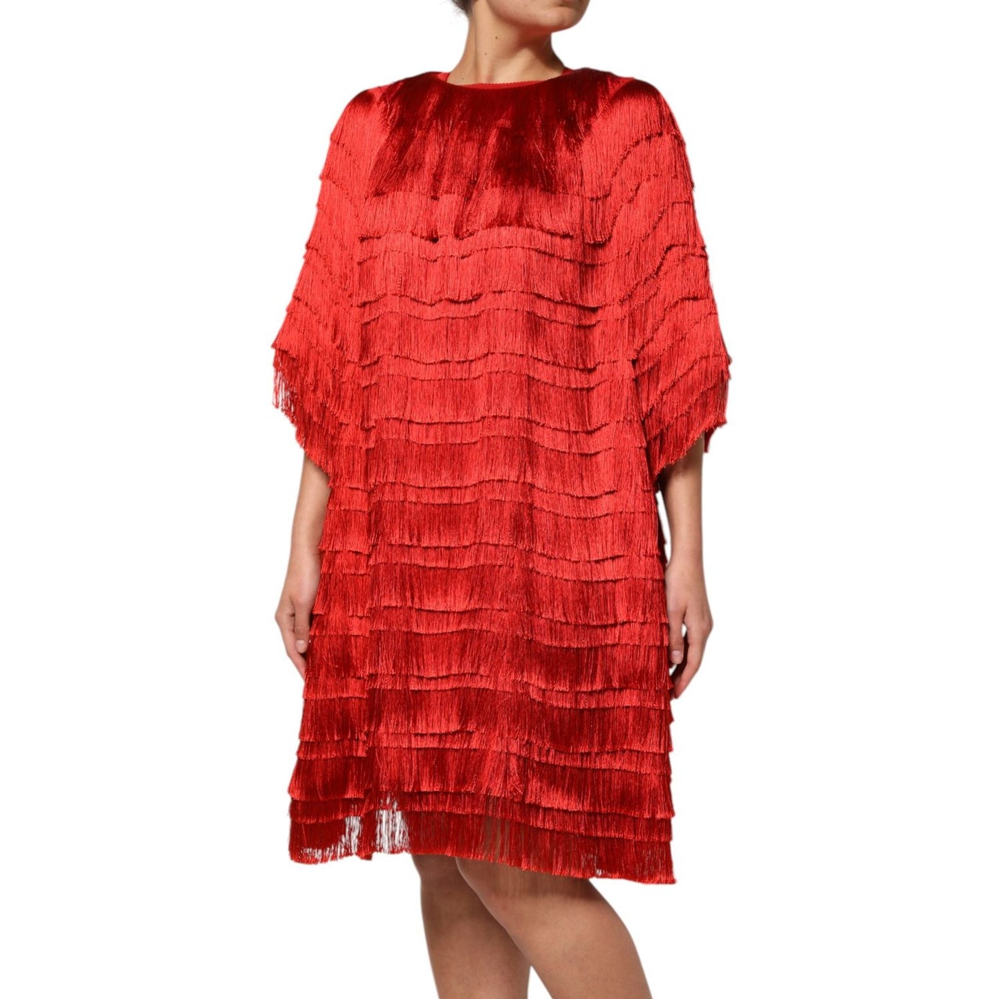 Dolce & Gabbana Red Silk Tiers Fringe Shift Knee Length Dress DR81822-40