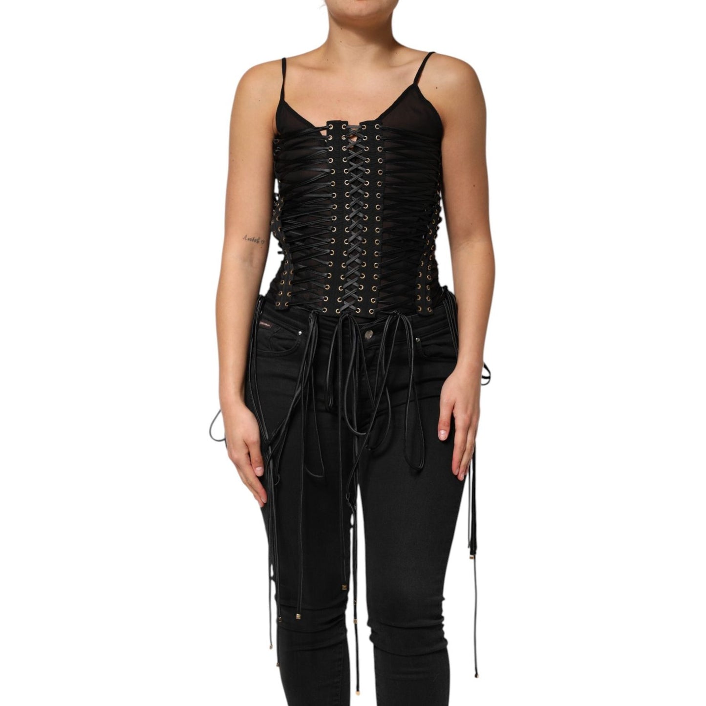 Dolce & Gabbana Black Eyelet Embellished Corset Style Top TSH90596-42