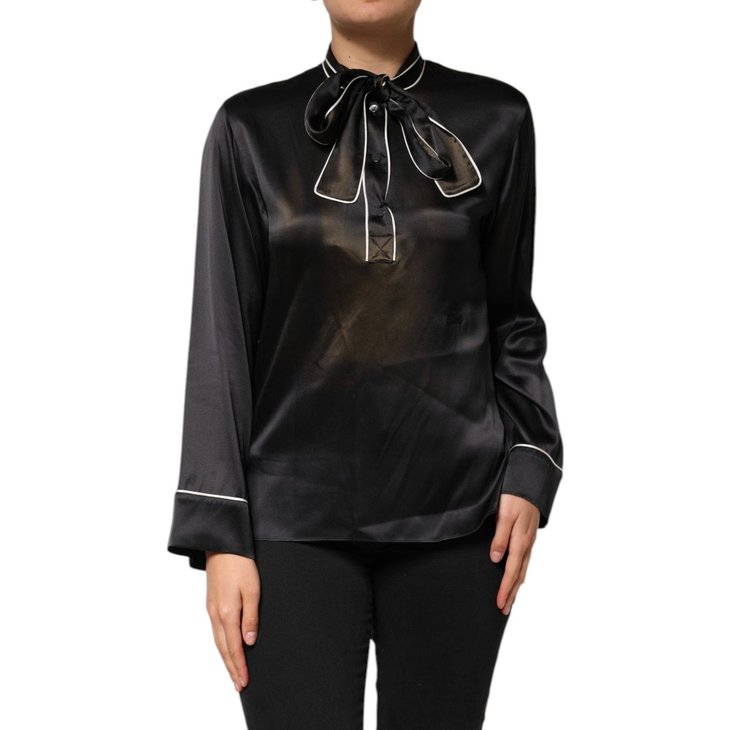 Dolce & Gabbana Black Silk Ascot Collared Button Blouse Top TSH90644-38
