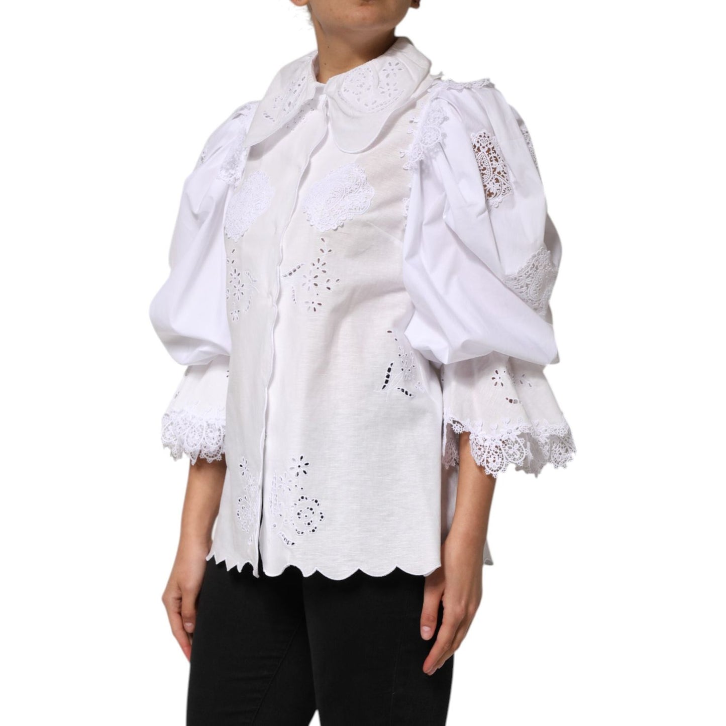 Dolce & Gabbana White Ruffled Lace Embellished Blouse Top TSH90648-42