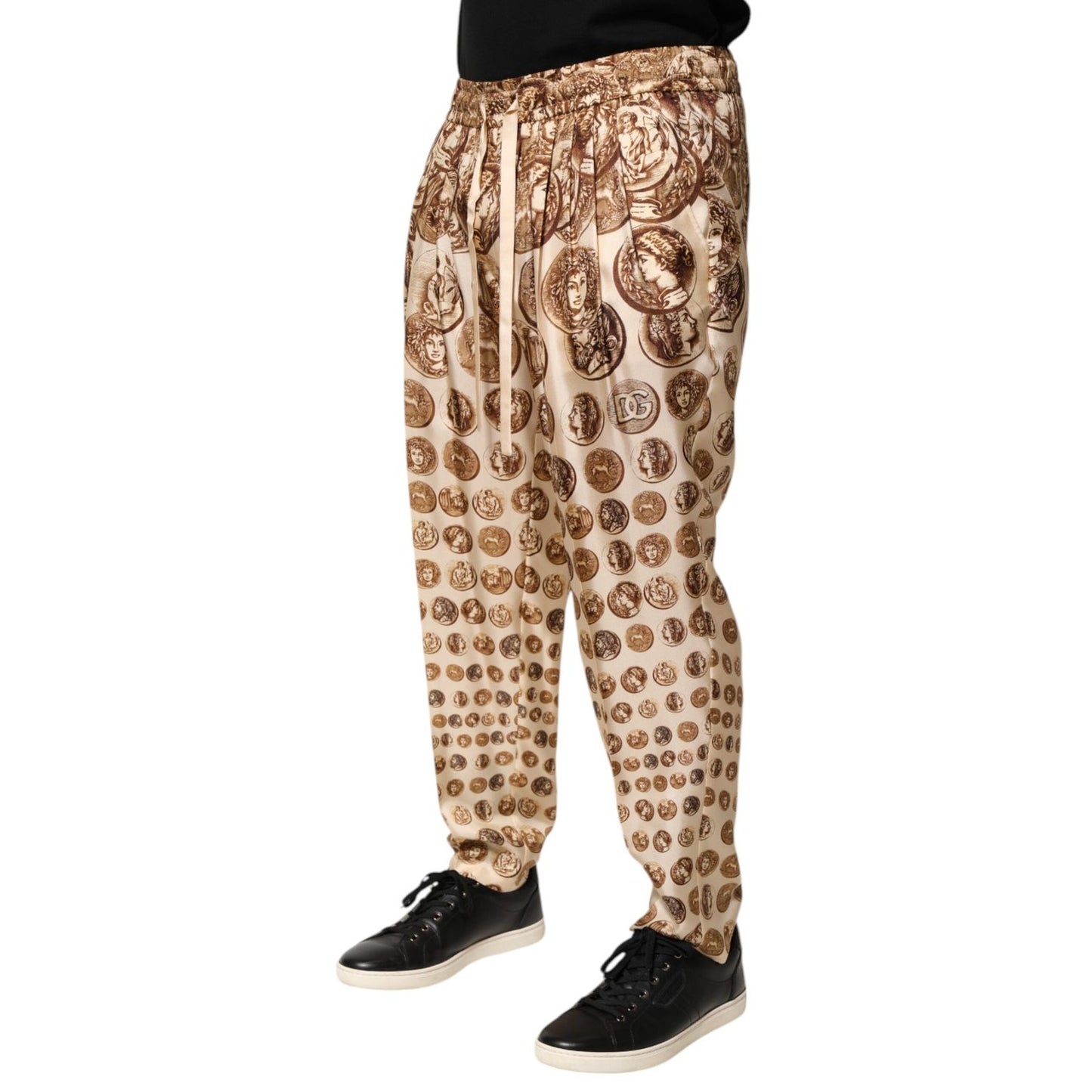 Dolce & Gabbana Beige Coin Print Silk Twill Men Jogger Pants PAN76628-50