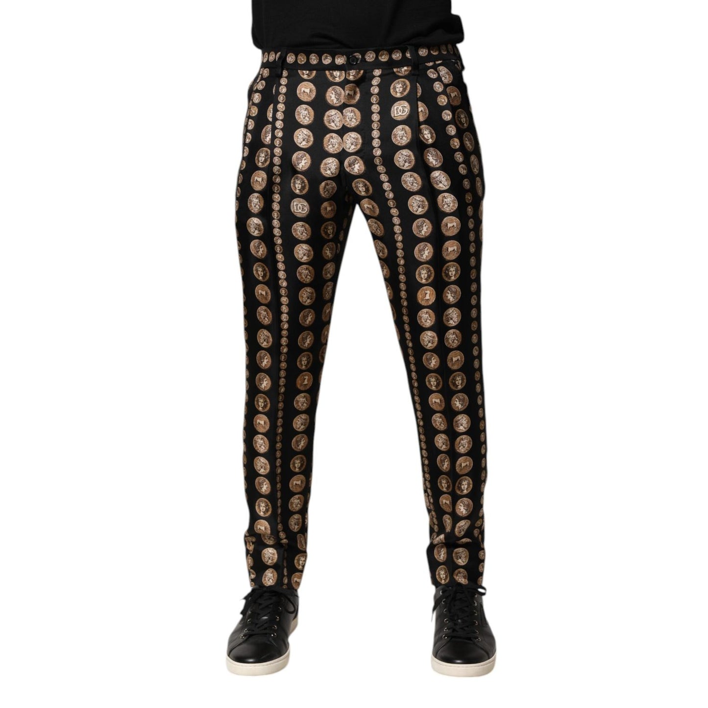 Dolce & Gabbana Black Coin Print Silk Skinny Men Trouser Pants PAN76627-48